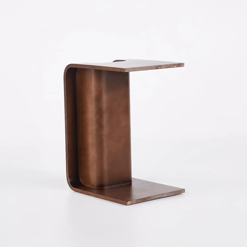 Convertible C-Shaped Walnut Wood Side Table with Storage