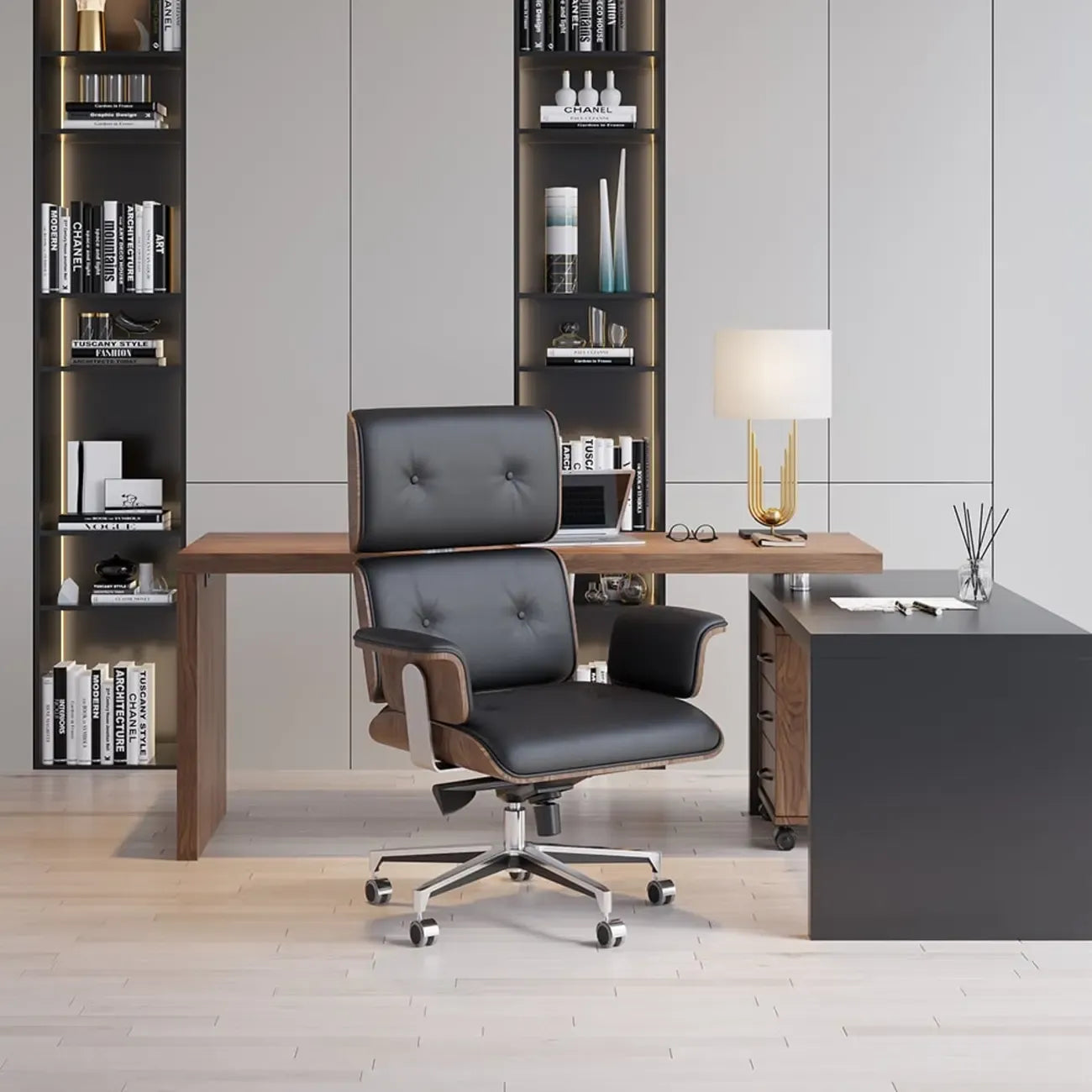 Modern Wood Leather Adjustable Swivel Black Executive Chair