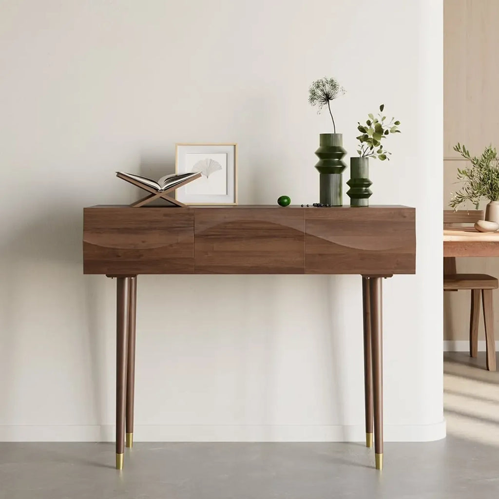Retro Wave Carved Walnut Wooden 3 Drawers Console Table