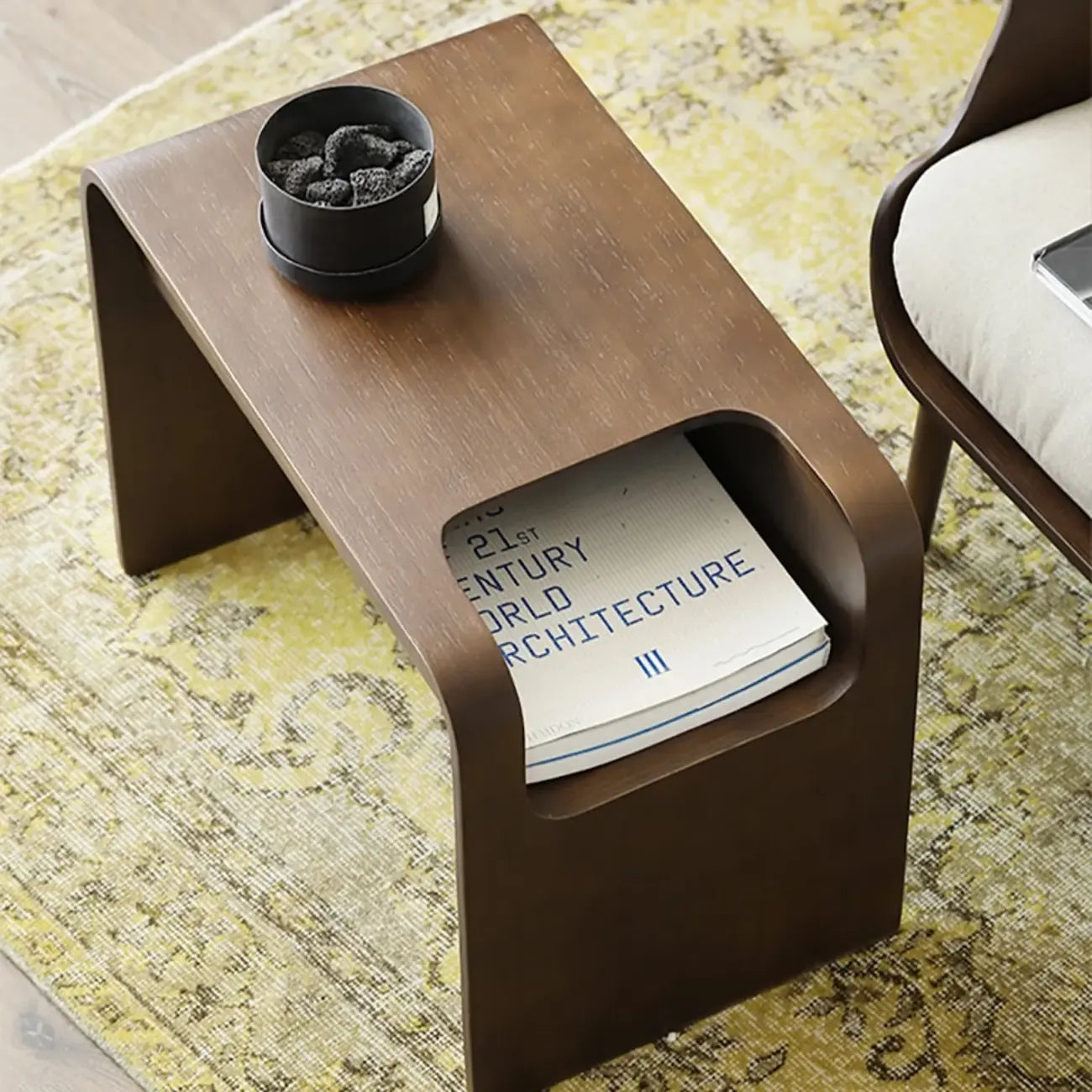 Convertible C-Shaped Walnut Wood Side Table with Storage