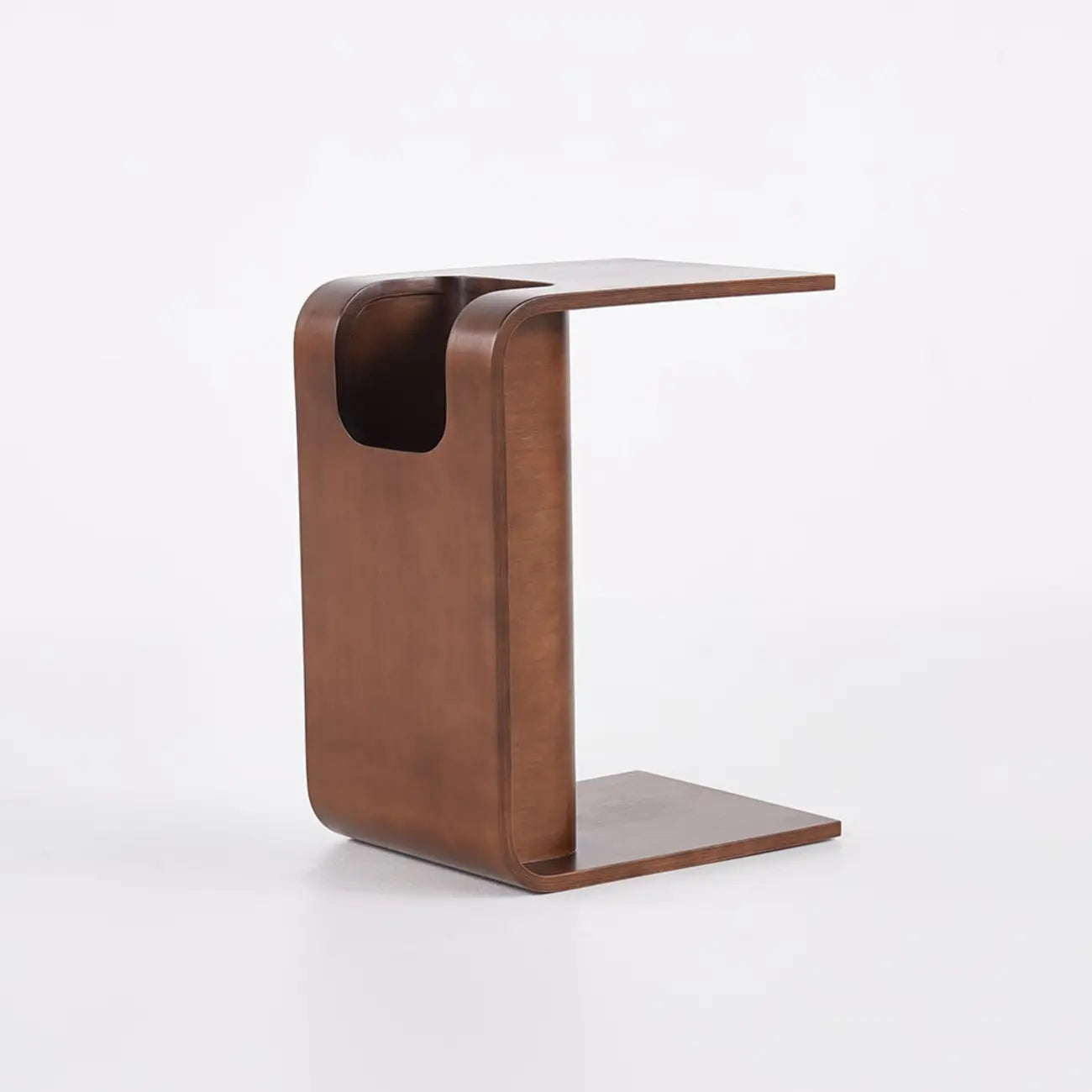 Convertible C-Shaped Walnut Wood Side Table with Storage