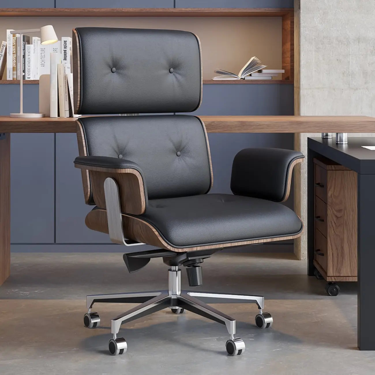 Modern Wood Leather Adjustable Swivel Black Executive Chair