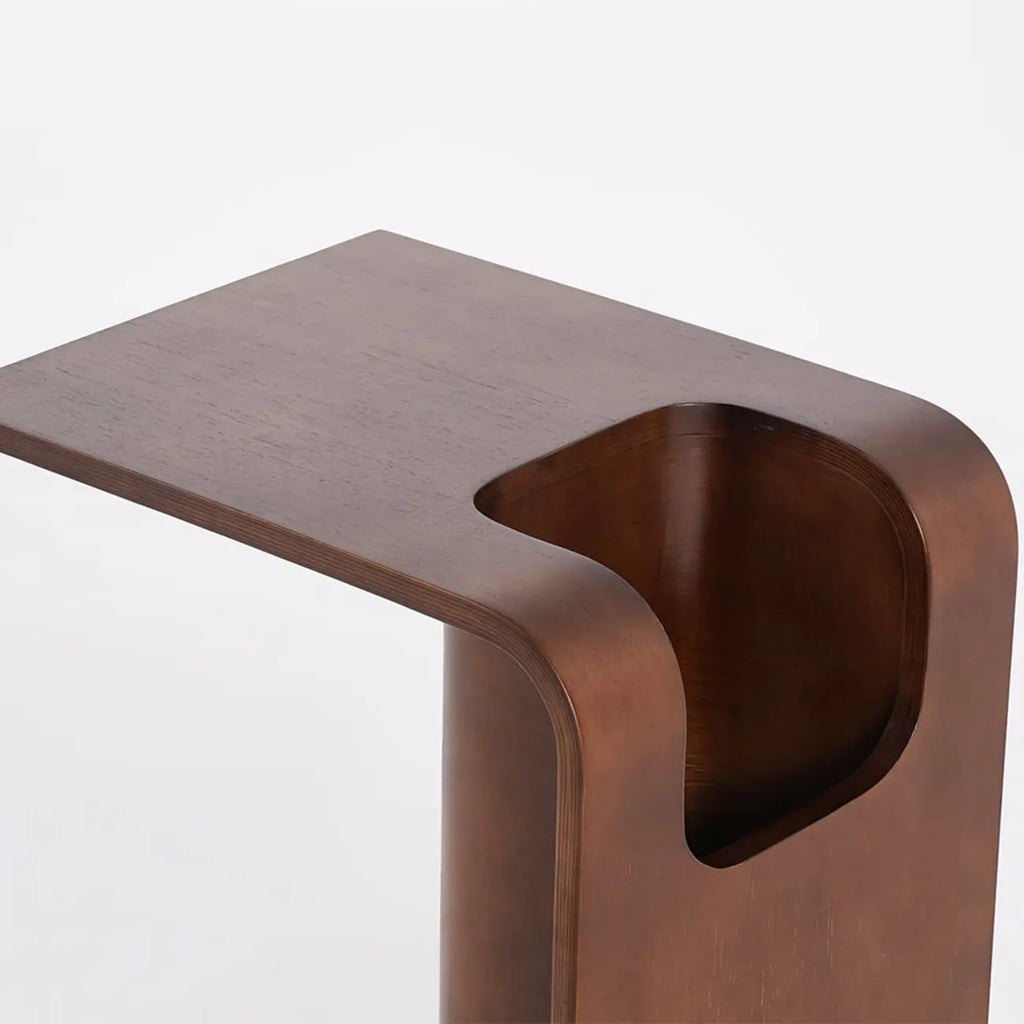 Convertible C-Shaped Walnut Wood Side Table with Storage