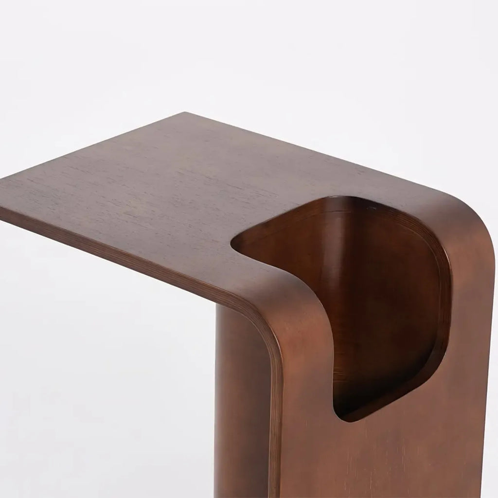 Convertible C-Shaped Walnut Wood Side Table with Storage