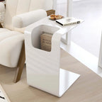 Convertible C-Shaped Walnut Wood Side Table with Storage