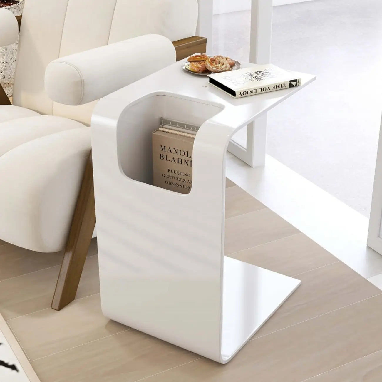 Convertible C-Shaped Walnut Wood Side Table with Storage