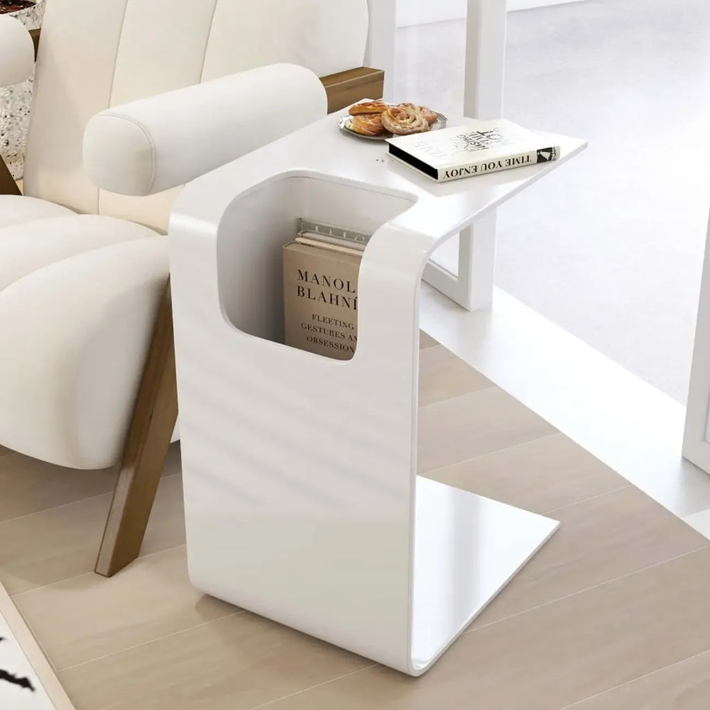 Convertible C-Shaped Walnut Wood Side Table with Storage