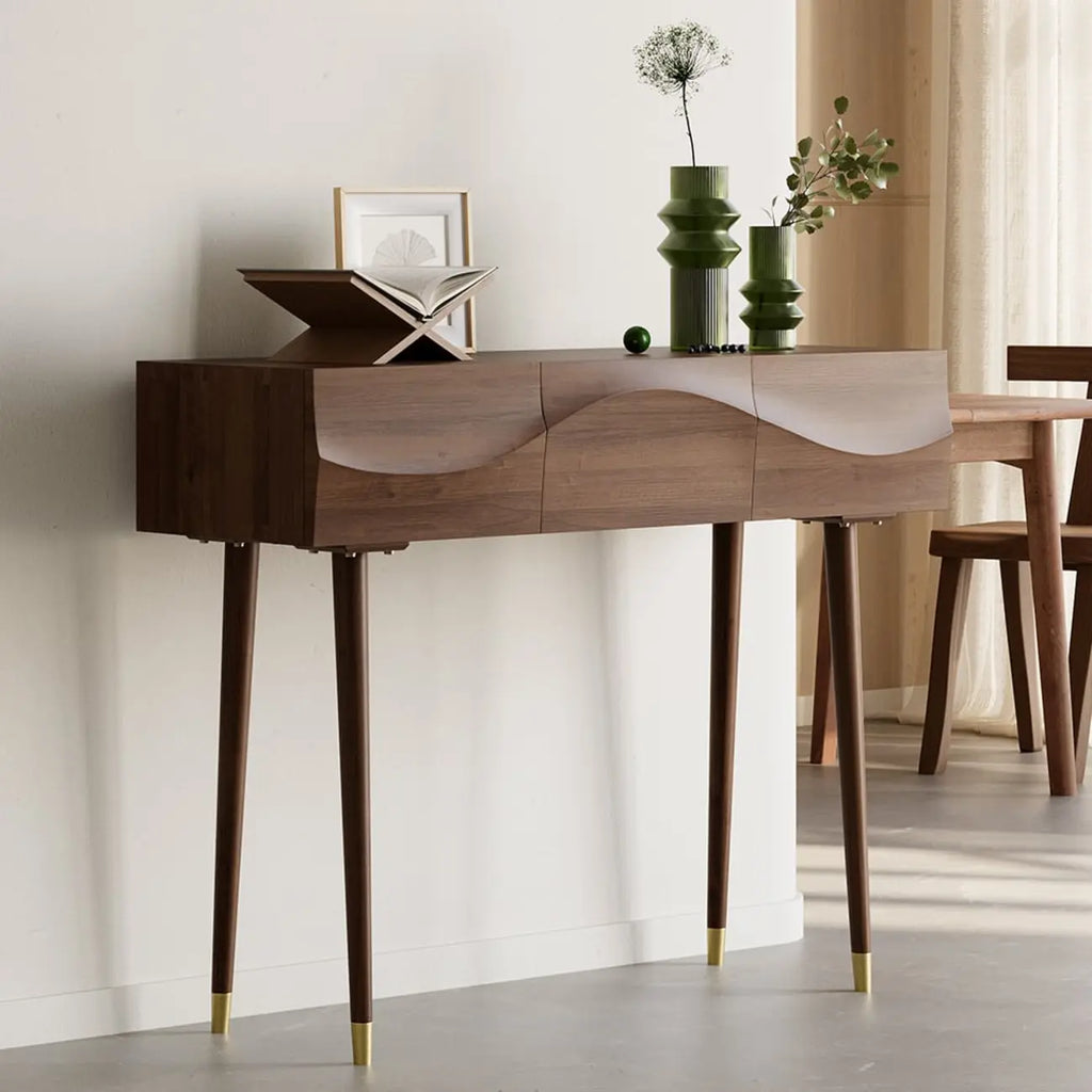 Retro Wave Carved Walnut Wooden 3 Drawers Console Table
