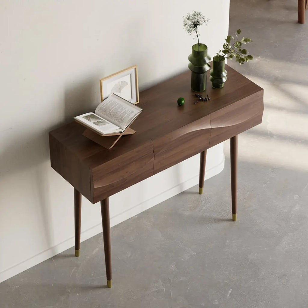 Retro Wave Carved Walnut Wooden 3 Drawers Console Table