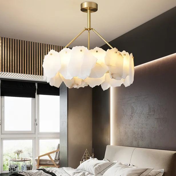 Brass Downrod Circular White Alabaster Chandelier