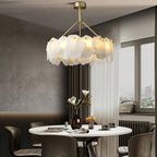 Brass Downrod Circular White Alabaster Chandelier
