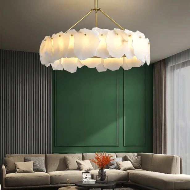Brass Downrod Circular White Alabaster Chandelier
