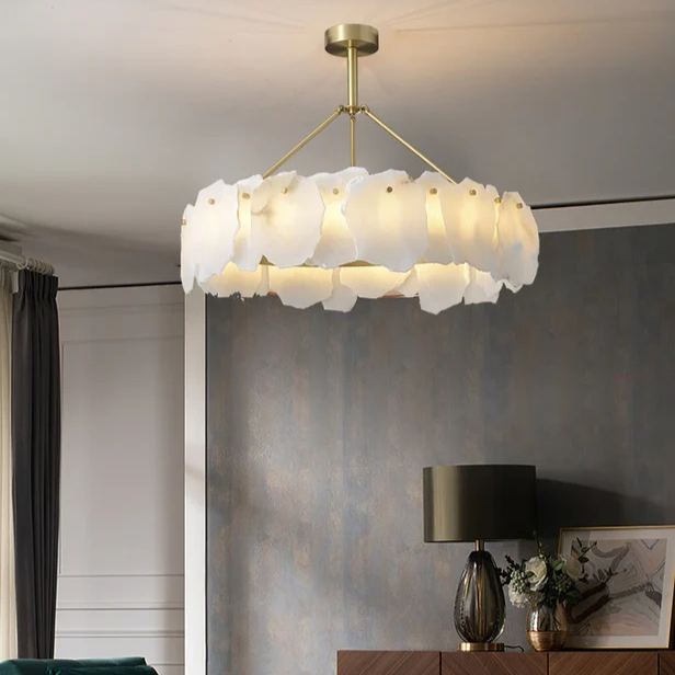 Brass Downrod Circular White Alabaster Chandelier